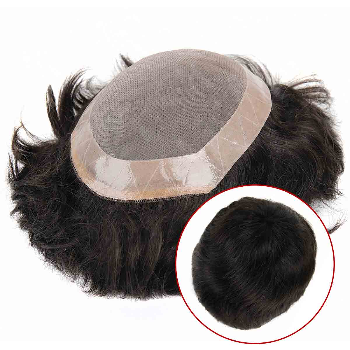 Extensiones de cabello híbridas TUM01 para hombres | Mono superior, piel y encaje frontal | Densidad del 130 %