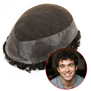 TUL14 Lockiges Toupet für Herren | 15 mm enge Locken | Hybridbasis aus Spitze und Hautrand | Atmungsaktiv und langlebig