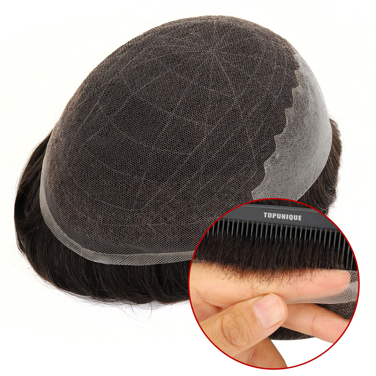 TUL02 Postizo para hombre | Combinación de encaje y piel | 100 % densidad, transpirable y fácil de trabajar