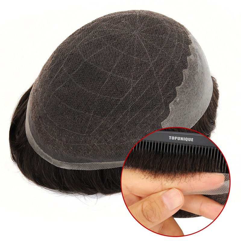 TUL02 Postizo para hombre | Combinación de encaje y piel | 100 % densidad, transpirable y fácil de trabajar