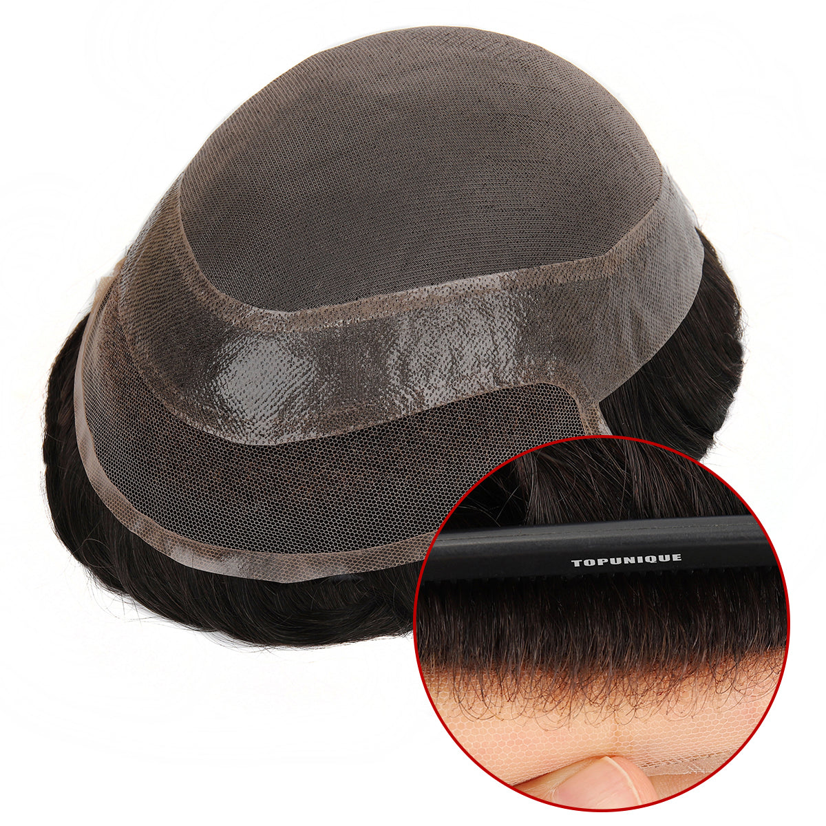 Extensiones de cabello híbridas TUM01 para hombres | Mono superior, piel y encaje frontal | Densidad del 130 %