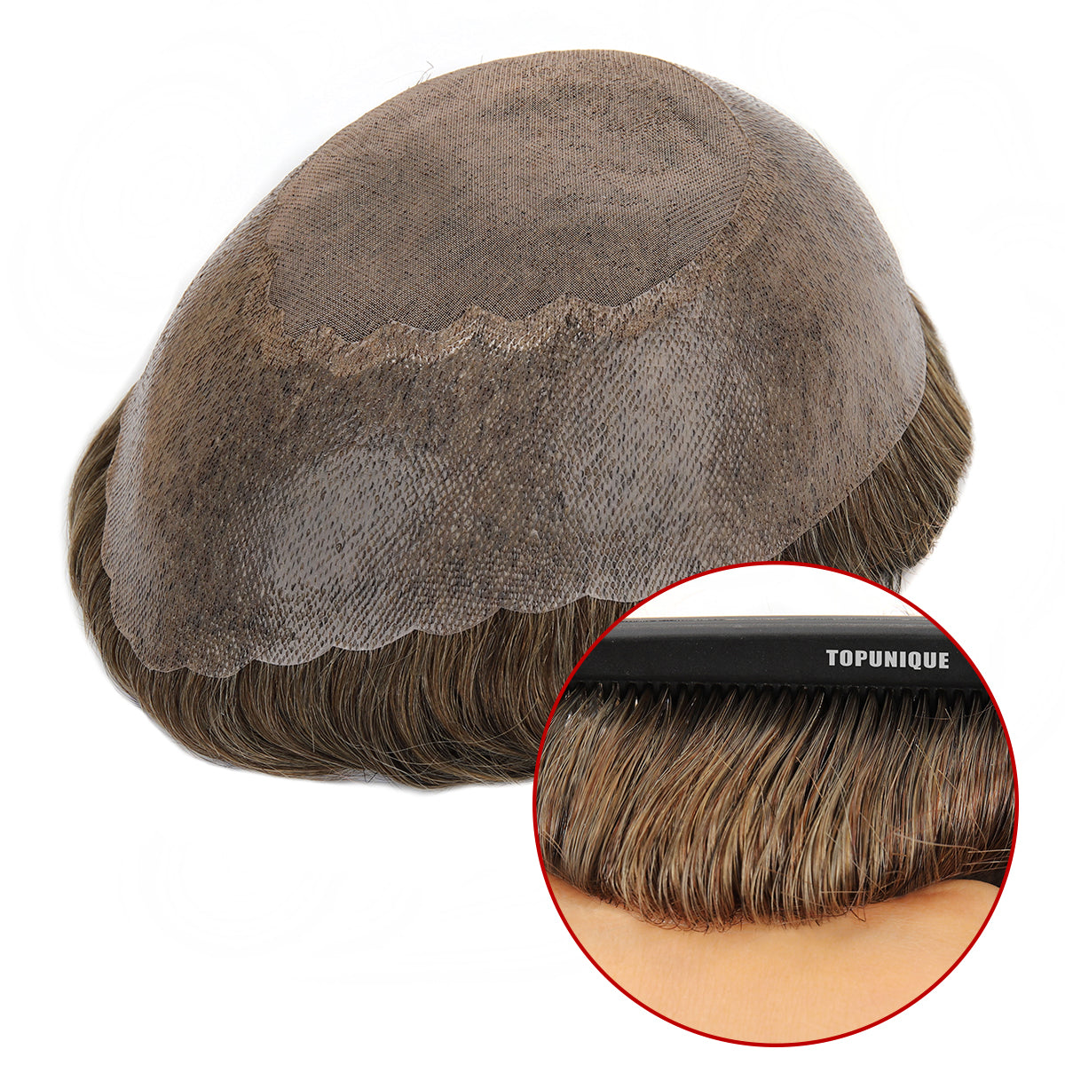 TUM02 Toupee para hombre | Parte superior fina de monofilamento + poliéster con gasa + línea de cabello festoneada
