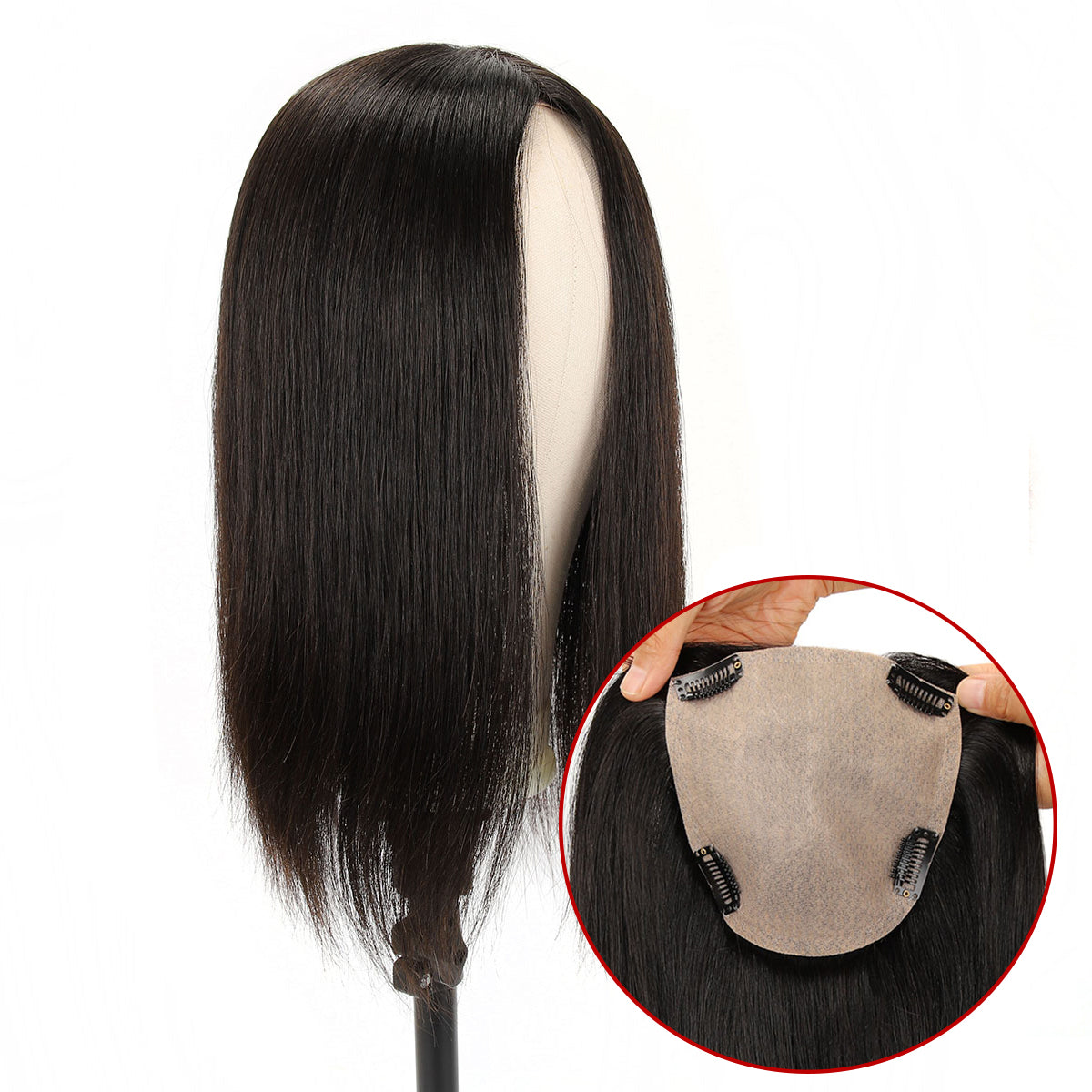TUW03 Topper de cabello de seda inyectada | Secciones de cabello realistas en todas partes | Tamaño de la base 5,5'' x 6,5''; Largo del cabello 15''; Colores: NC, L4, 613, 8T25