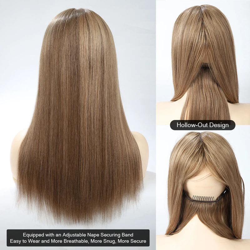 02 TUW41 Real Human Hair Topper for Women, Lace Top and Front with Back Hair Weft, Hair Topper Without Clips with Combs and Adjustable Nape Securing Band for a Secure, Comfortable Fit