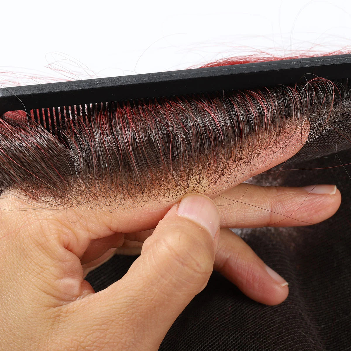 black-ombre-red-hair-system-10-full-lace-mens-hair-system-short-straight-black-and-wine-red-toupee-with-dark-root-07 Black Ombre Red Hair System 10" Full Lace Men's Hair System – Short Straight Black and Wine Red Toupee with Dark Root