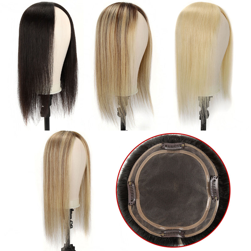 tuw09_gp240912_01 TUW09 Human Hair Topper | Durable and Natural Looking Mono Base | Base Size 3''x5'', 5.5''x6''; Hair Length 12'', 14'', 16'', 18''; Colors: NC, 613, T9A/613, T4/22